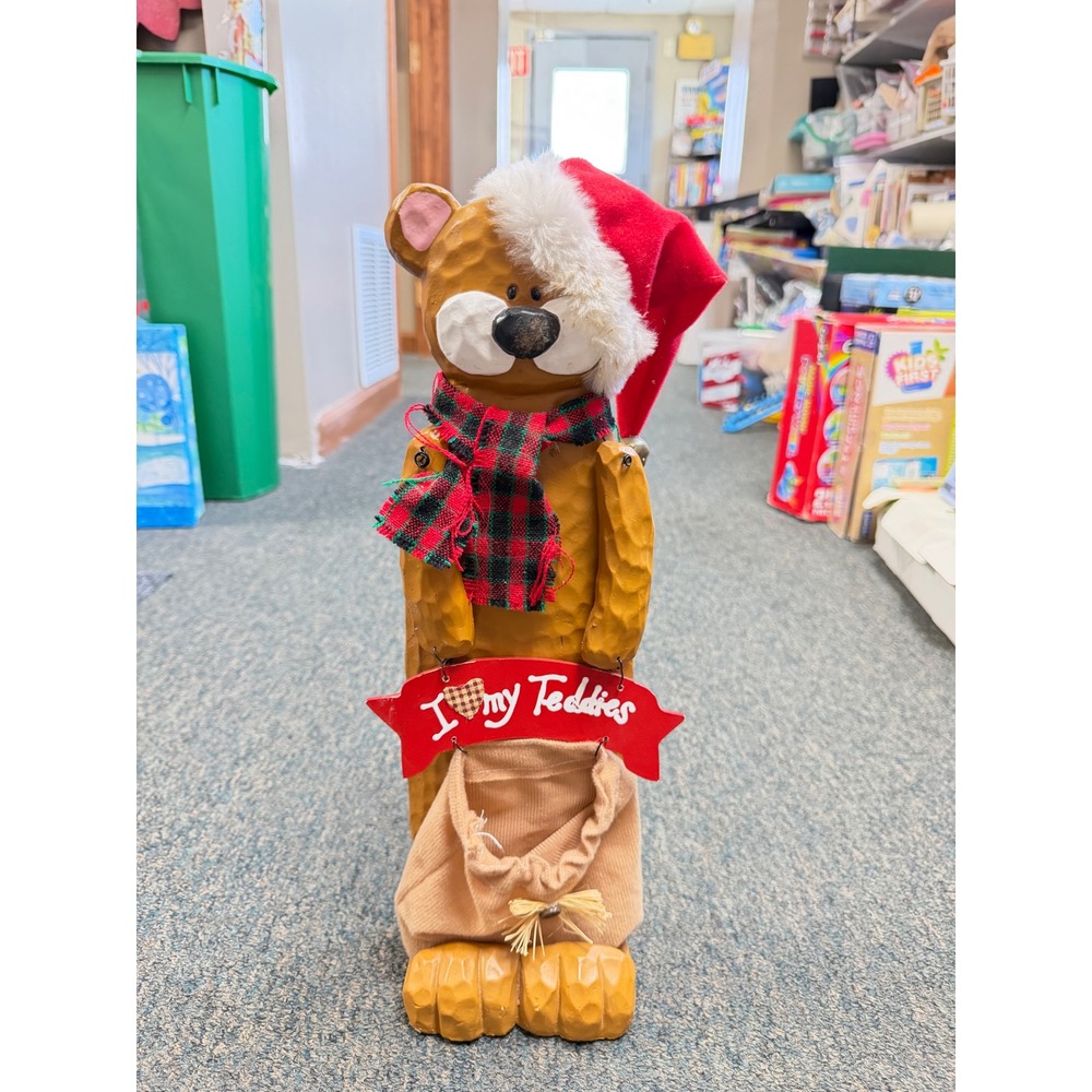 Christmas Wooden Bear Figurine Santa Hat Plaid Scarf I Love My Teddies Decor